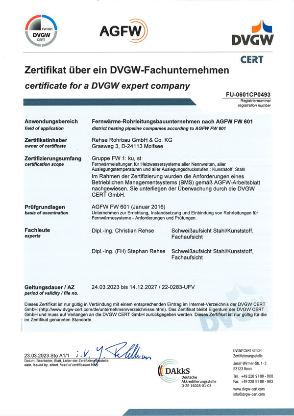 DVGW-Zertifikat AGFW FW 601