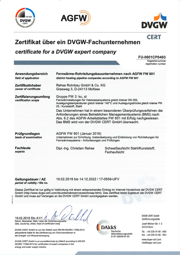 DVGW-Zertifikat AGFW FW 601
